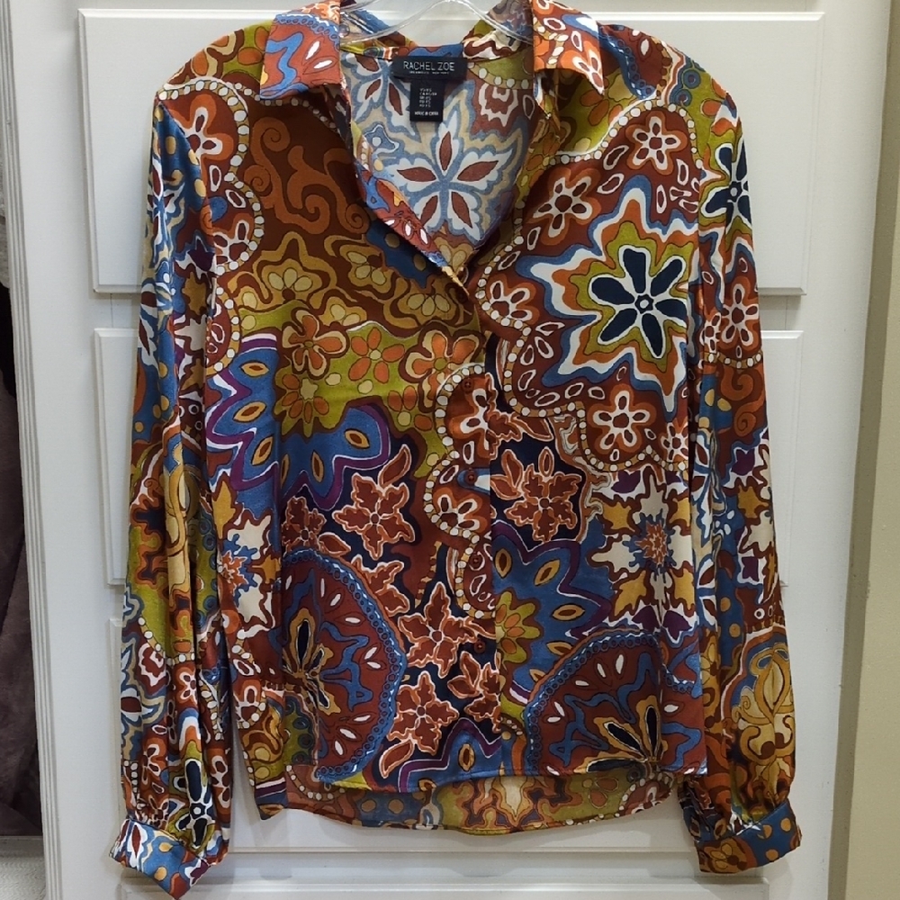Rachel Zoe Multicolor Paisley Silky Button Down Shirt, Like New, Size XS